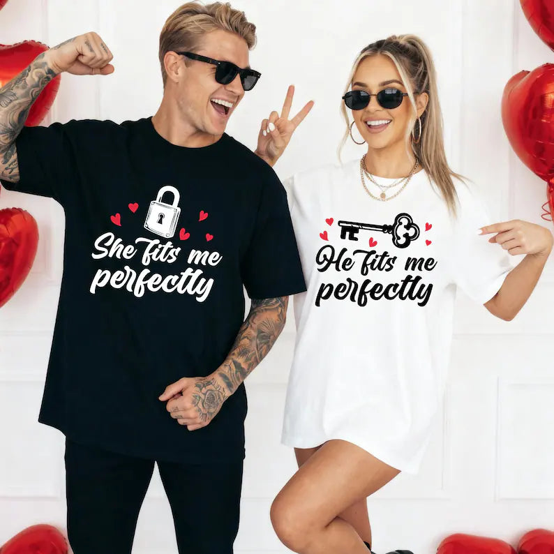 SHE / HE FITS ME PERFECTLY COUPLES TSHIRTS