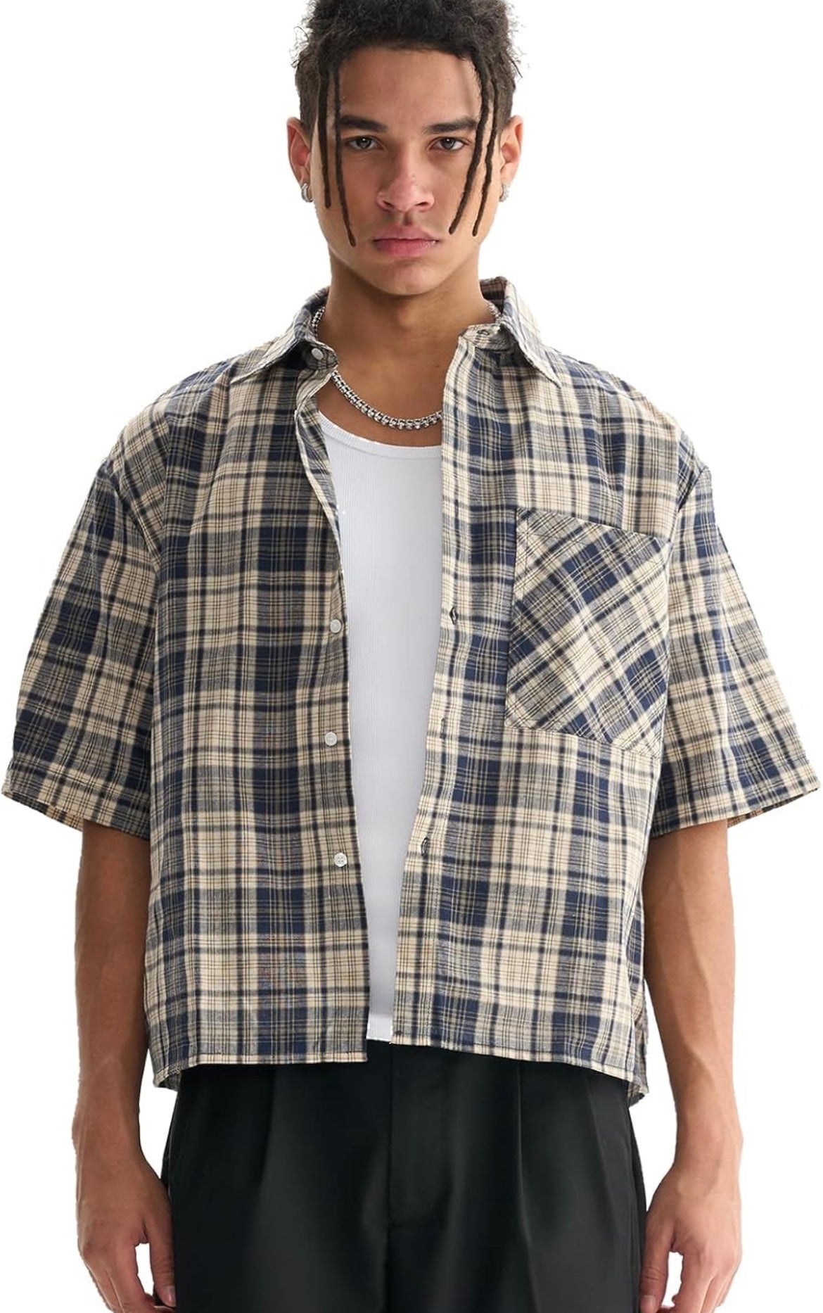 CROPPED SHORT SLEEVE BUTTON DOWN SHIRT