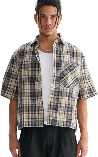 CROPPED SHORT SLEEVE BUTTON DOWN SHIRT