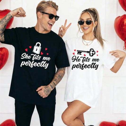 SHE / HE FITS ME PERFECTLY COUPLES TSHIRTS