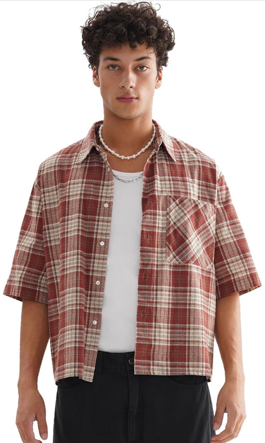 CROPPED SHORT SLEEVE BUTTON DOWN SHIRT