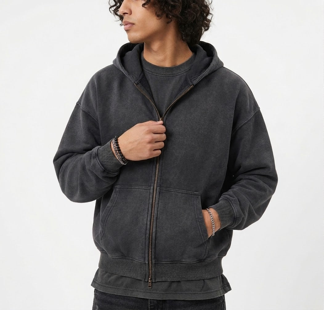 DOUBLE ZIPPER UNISEX ACID WASH HOODIE