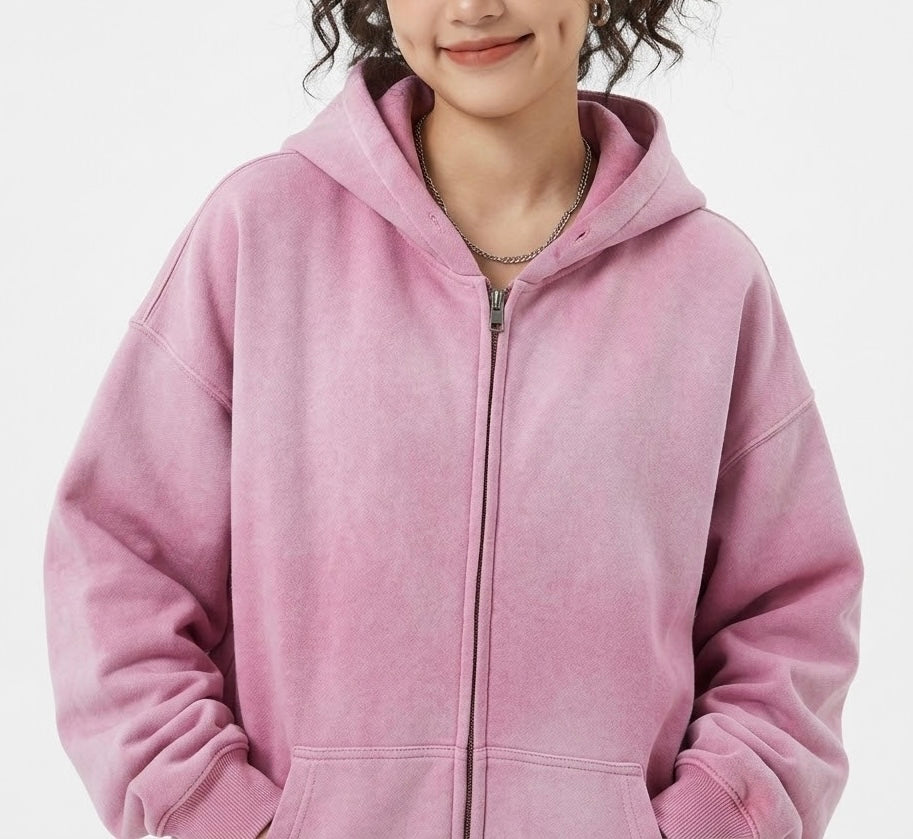 DOUBLE ZIPPER UNISEX ACID WASH HOODIE