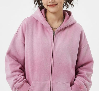 DOUBLE ZIPPER UNISEX ACID WASH HOODIE
